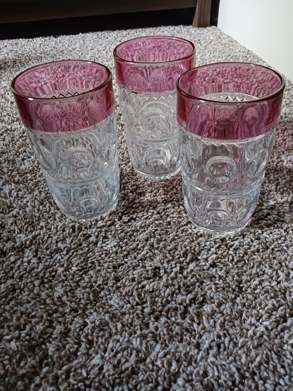 Vintage Kings Crown Clear Textured Glass Tumblers with Cranberry Colored Rim
